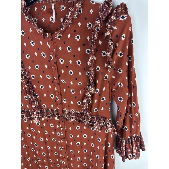 Free People Calico Skies Midi Dress Ruffle Button Boho Cottagecore Western Large - Picture 5 of 16